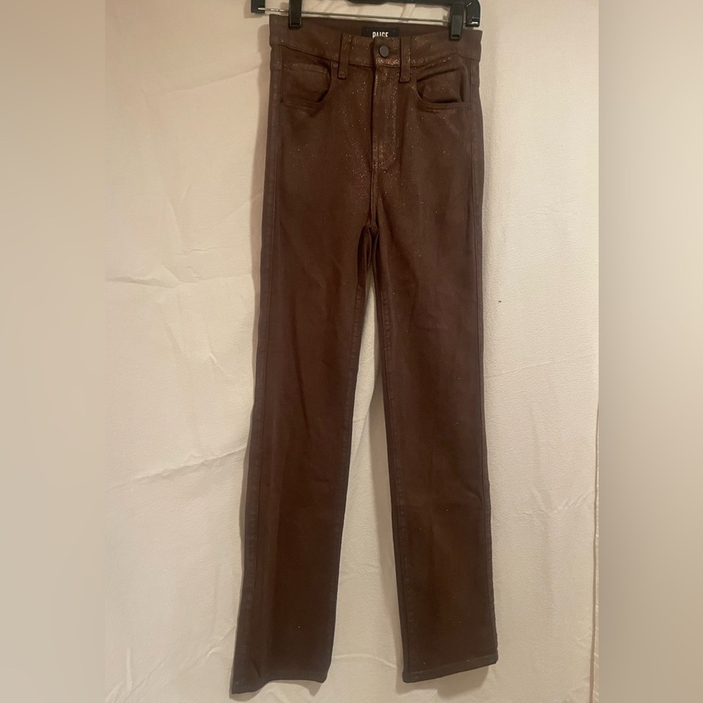 PAIGE Chocolate Brown straight leg pants with stretch and sparkly, soft material